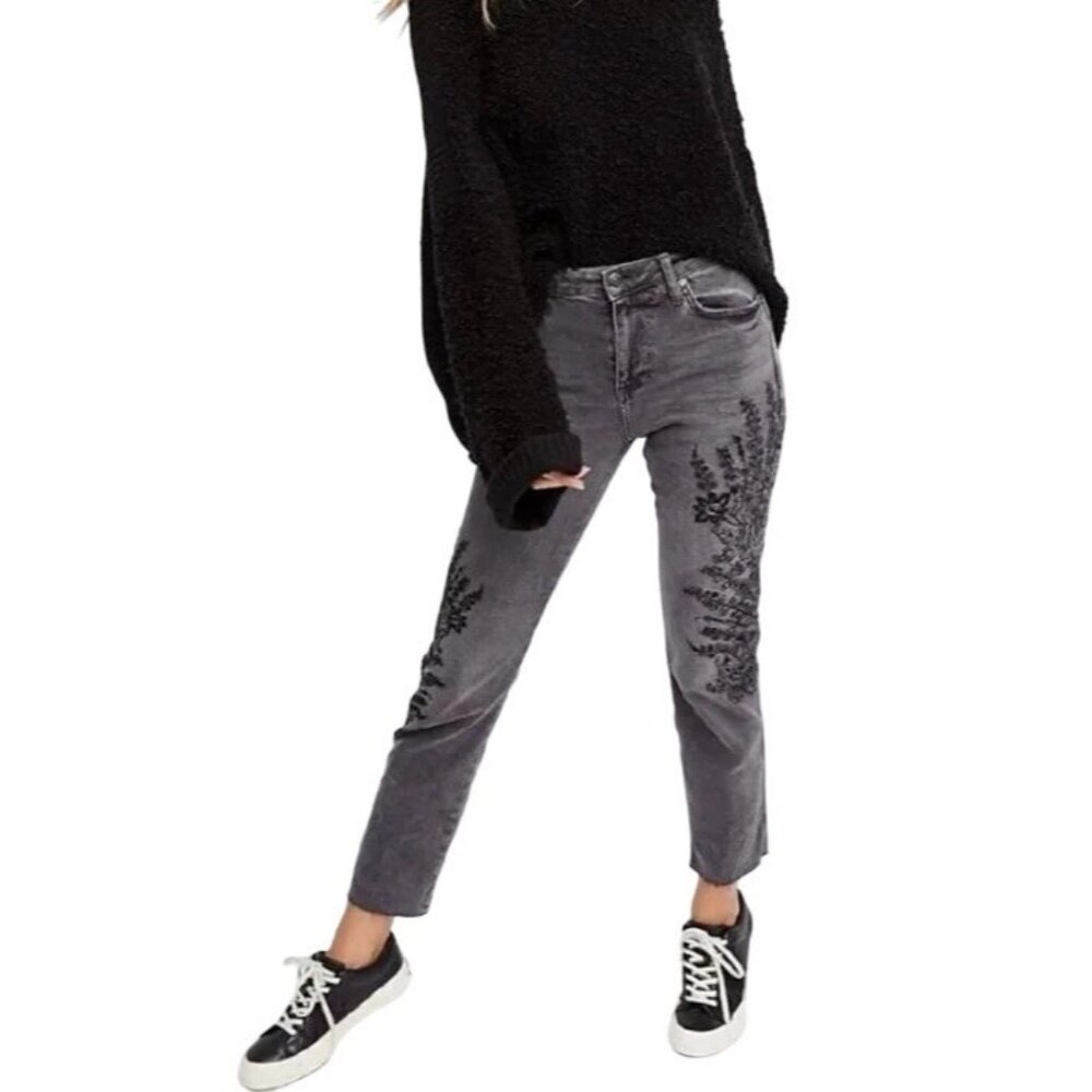 NWOT Free People Gray Embroidered High-Rise Straight Leg Girlfriend Jeans | Boho - Picture 2 of 15